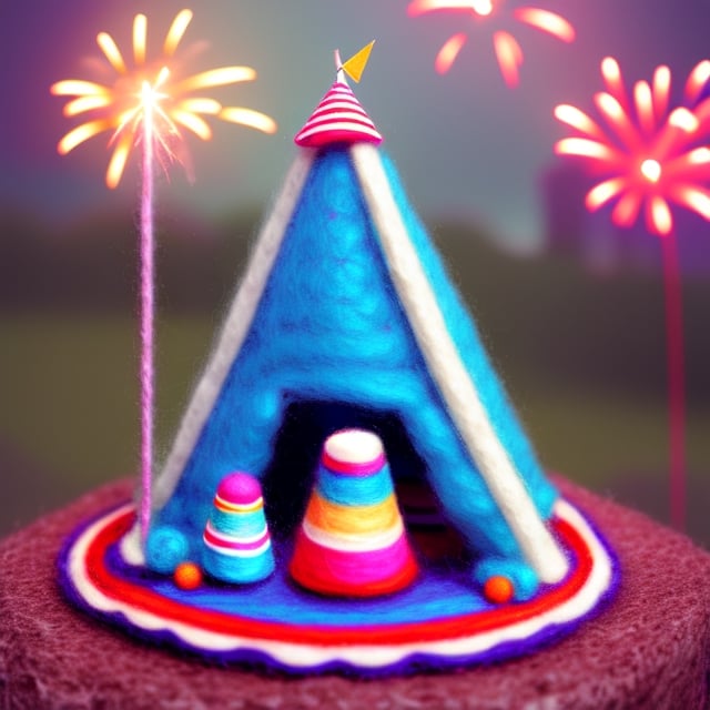 cinestill, miniwool portrait of a cute beautiful colorful circus tent, depth of field, cute fireworks, cute small people, ultra detailed, high quality, highres, vivid background, 