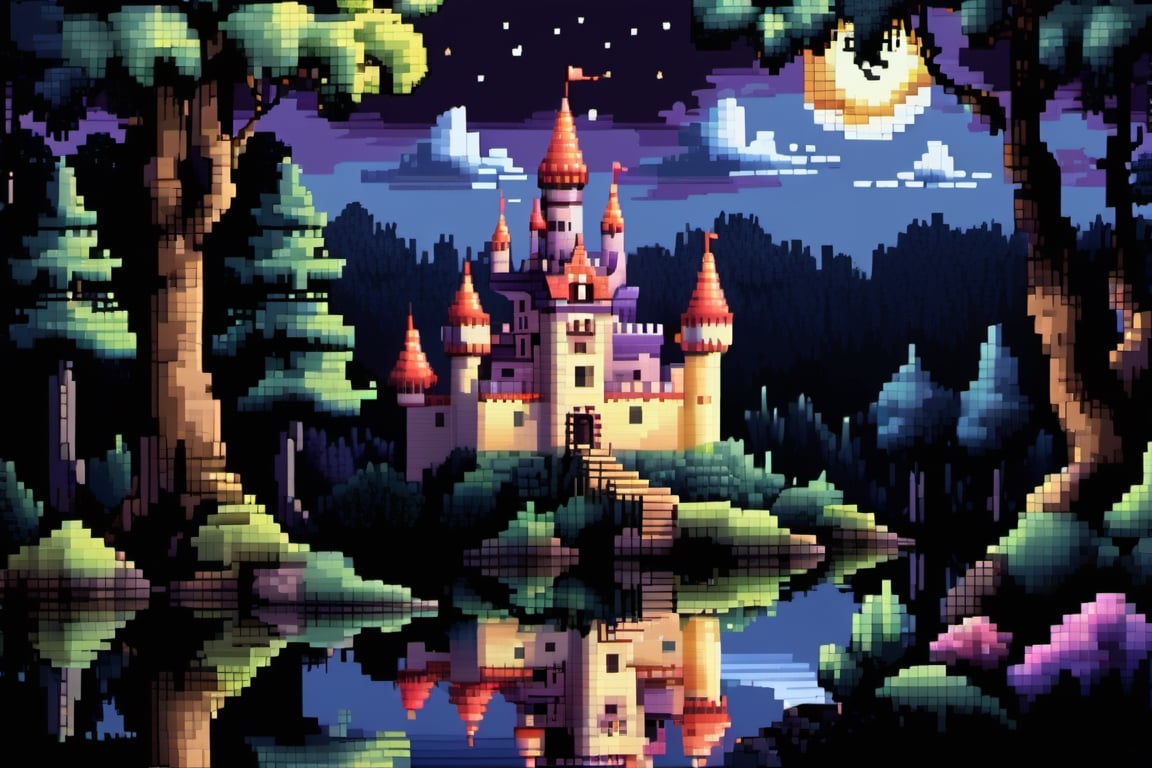 16bit, portrait of a cute beautiful colorful mini castle in the forest and lake, moonlight, pixeld mini king and queen, pixeled reflections and refractions,  cute fireworks, cute mini pixeled people, ultra detailed, high quality, highres, vivid background, pixel style, very well formed pixels, cube-perfect, 