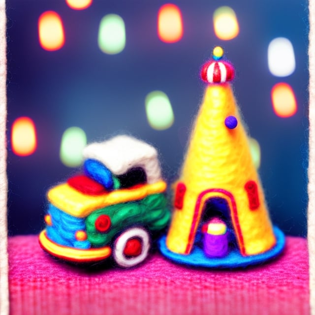 cinestill, miniwool portrait of a cute beautiful colorful circus tent, depth of field, cute fireworks, cute small people, ultra detailed, high quality, highres, vivid background, 