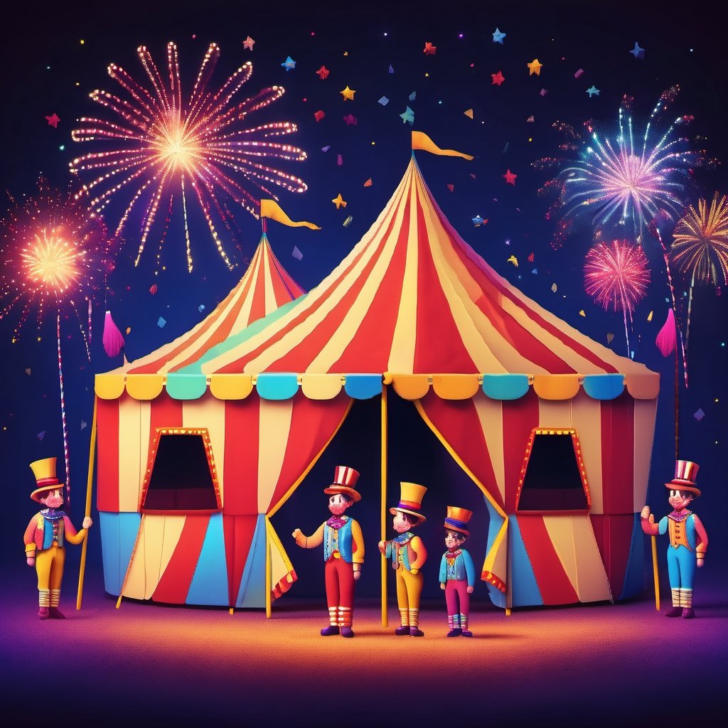 cinestill, miniwool portrait of a cute beautiful colorful circus tent, depth of field, cute fireworks, cute small people, ultra detailed, high quality, highres, vivid background, ,pixel style