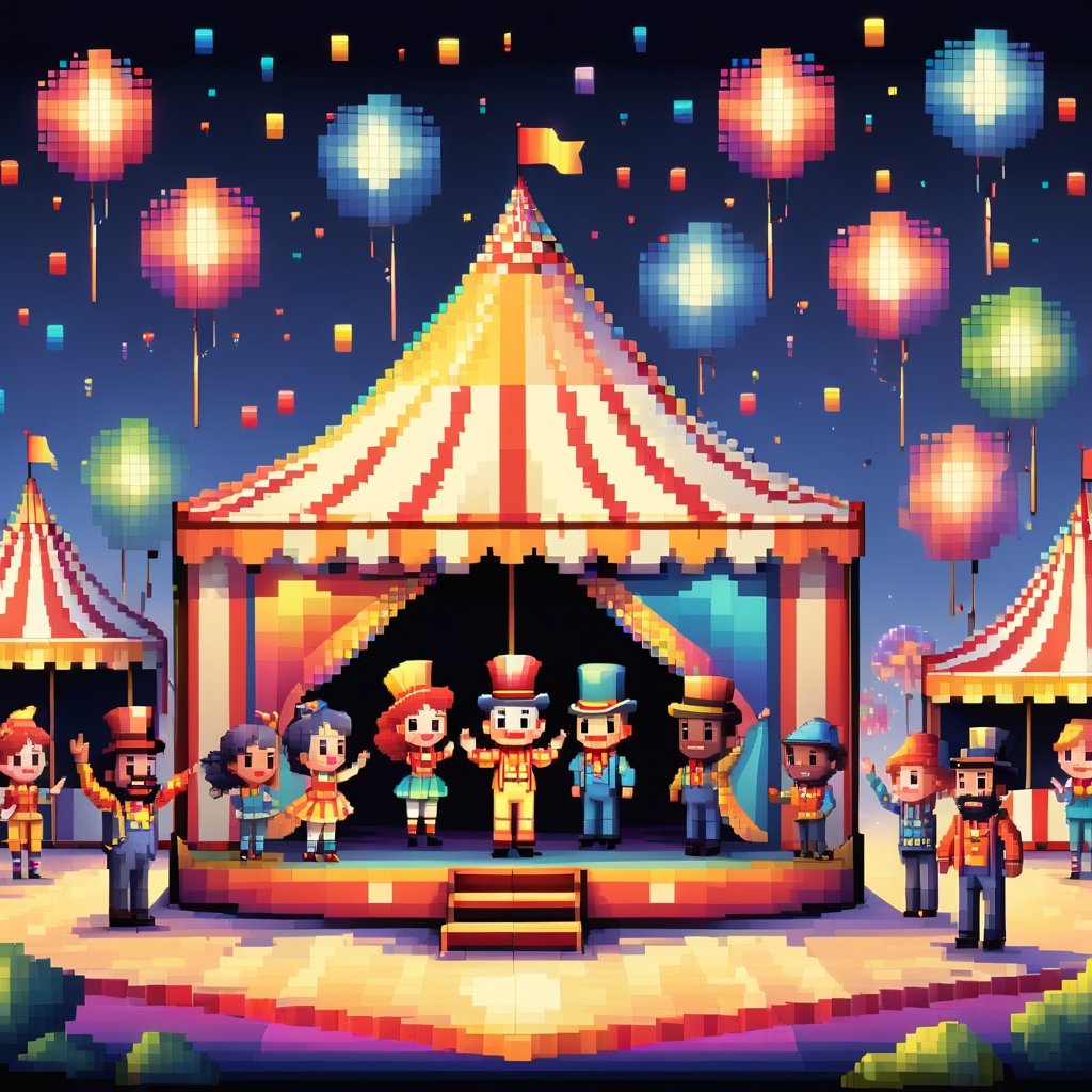 16bit, portrait of a cute beautiful colorful mini circus tent, pixeled reflections,  cute fireworks, cute small people, ultra detailed, high quality, highres, vivid background, ,pixel style, very well formed pixels, cube-perfect, 