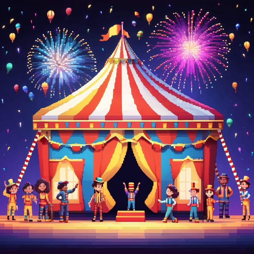 16bit, portrait of a cute beautiful colorful mini circus tent, depth of field, cute fireworks, cute small people, ultra detailed, high quality, highres, vivid background, ,pixel style