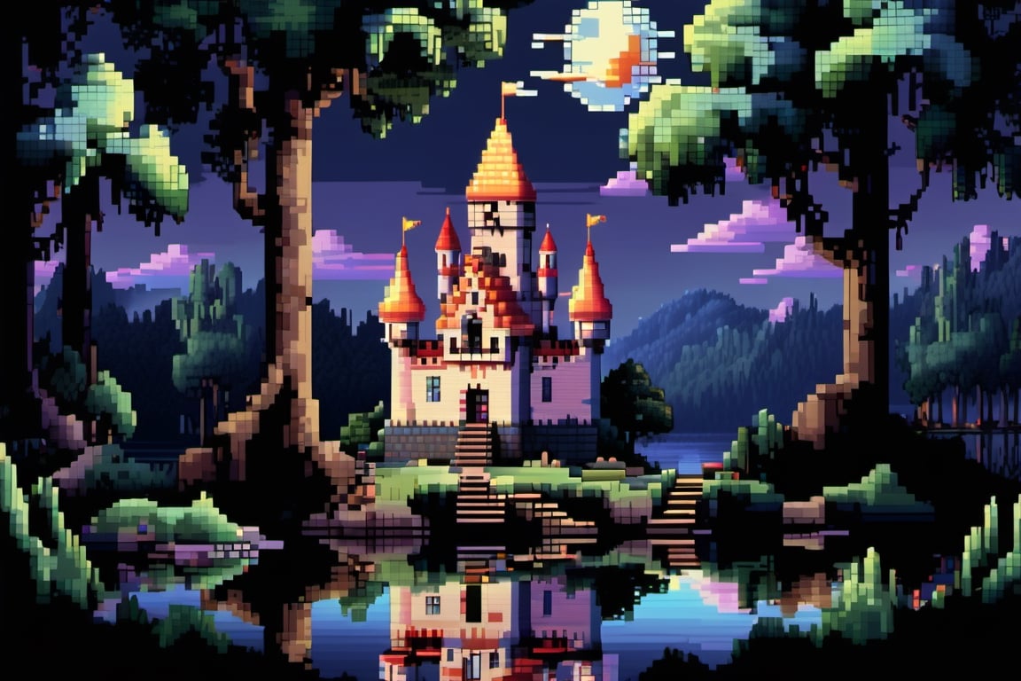 8bit, portrait of a cute beautiful colorful mini castle in the forest and lake, moonlight, pixeld mini king and queen, pixeled reflections and refractions,  cute fireworks, cute mini pixeled people, ultra detailed, high quality, highres, vivid background, ,pixel style, very well formed pixels, cube-perfect, 