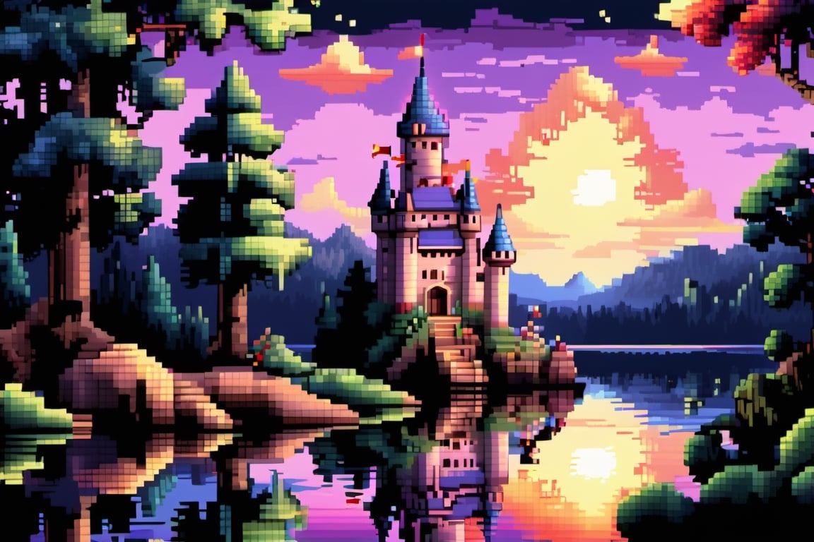 16bit, portrait of a cute beautiful colorful mini castle in the forest and lake, moonlight, pixeld mini king and queen, pixeled reflections and refractions,  cute fireworks, cute mini pixeled people, ultra detailed, high quality, highres, vivid background, pixel style, very well formed pixels, cube-perfect, 