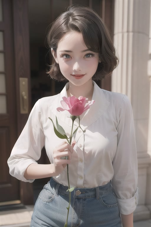 Cute Girl in 1940s Holding Flower