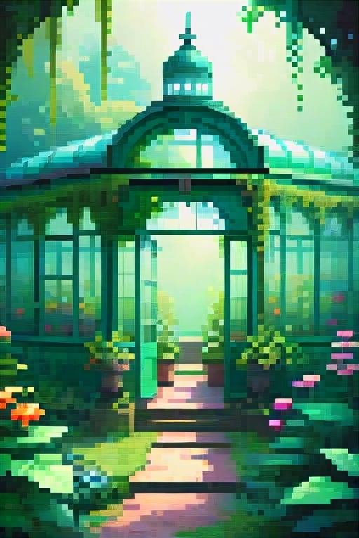 An abandoned Victorian greenhouse overgrown with lush, exotic plants in the heart of a mystical forest. The style is reminiscent of Claude Monet, Visual Novel, Pastel Art, Splatter Paint, emphasizing natural beauty and detailed flora. Lighting is soft and ethereal, casting a magical glow with a palette of deep greens, earthy browns, and subtle golds. The composition mimics a wide-angle lens, offering a grand, expansive view of the greenhouse's intricate ironwork and the surrounding forest's mystery against an emerald background 