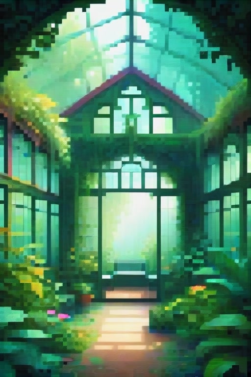 An abandoned Victorian greenhouse overgrown with lush, exotic plants in the heart of a mystical forest. The style is reminiscent of Claude Monet, Visual Novel, Pastel Art, Splatter Paint, emphasizing natural beauty and detailed flora. Lighting is soft and ethereal, casting a magical glow with a palette of deep greens, earthy browns, and subtle golds. The composition mimics a wide-angle lens, offering a grand, expansive view of the greenhouse's intricate ironwork and the surrounding forest's mystery against an emerald background 