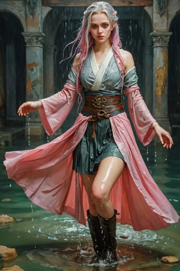 breathtaking RAW photo of wet female ((THigh quality concept art portrait featuring a fantastic and beautiful and fair 18 years old whit wet Silver pink hair and Hazel eyes Caucasian o lot of color Elven women(Bella Delphine) whit drawn on weathered parchment, using lord of the rings or dungeons and dragons, character sheet, perfect wet anatomy, parchment serves as a canvas decorated with ancient runes, made by hand. sketches drawn, by Boris Vallejo, high details, )), dark and moody style, perfect wet face, outstretched perfect hands . masterpiece, professional, award-winning, intricate details, ultra high detailed, 64k, dramatic light, volumetric light, dynamic lighting, Epic, splash art .. ), by james jean $, roby dwi antono $, ross tran $. francis bacon $, michal mraz $, adrian ghenie $, petra cortright $, gerhard richter $, takato yamamoto $, ashley wood, tense atmospheric, , , , sooyaaa,IMGFIX,Comic Book-Style,Movie Aesthetic,action shot,photo r3al,bad quality image,oil painting, cinematic moviemaker style,Japan Vibes,H effect,koh_yunjung ,koh_yunjung,kwon-nara,sooyaaa,colorful,bones,,armor,han-hyoju-xl ,DonMn1ghtm4reXL, ct-fujiii ,oiran,furisode,ct-jeniiii, ct-goeuun,yaya, HanFu,golden kimono,kamado nezuko,sword maiden,theresa apocalypse,koling,ct-rosseeiiee,ct-rosseeiiee,ct-virtual,((soakingwetclothes, wet clothes, wet hair, wet skin, :1.3)),soakingwetclothes,, wet skin, wet face, wet ballgown, boots, wet robe, layered longskirt, face focused
,soakingwetclothes,art_booster,indian