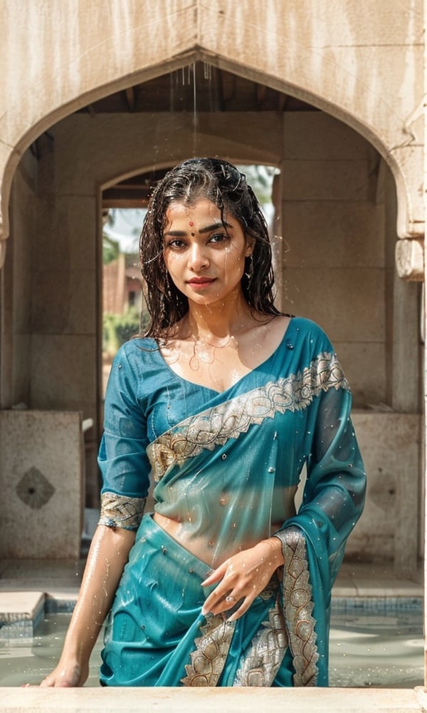 a woman in a purple saree drenching in rain for a picture, actress, glam, of indian princess, indian super model, by Max Dauthendey, leaked image, edited, inspired by T. K. Padmini, stylish pose, jaw-dropping beauty, stunning beautiful, stunning elegant pose, very attractive and beautiful, posing elegantly over the camera, ((wet clothes, wet hair, bathing in water, face focused, skin pores, saree, wet saree, blouse))

,wet hair,SoakingWetClothes,Detailedface