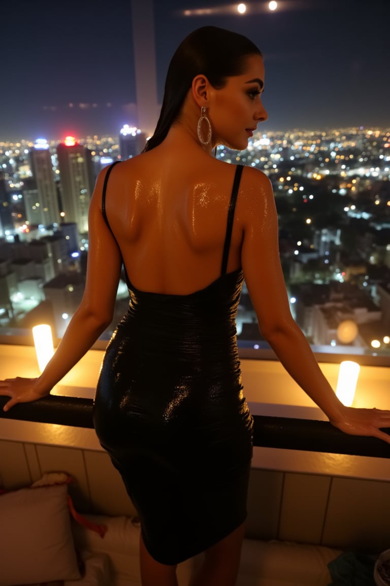 A sophisticated young woman with an elegant style, attending a high-end rooftop soirée. She is wearing a sleek black cocktail dress, stiletto heels, and diamond earrings.
The setting is a luxurious rooftop with a panoramic city view, sparkling lights in the background. The camera uses a close-up shot with a 70mm lens, highlighting the elegance of her attire and the shimmering skyline. The lighting is soft and golden, with the warm glow of the sunset reflecting off
her dress. The image is in 6K resolution, capturing the refined details of her outfit and the glamour of the evening event, ek_ph0t0_b00ster
,
,,Realistic.,, ,soakingwetclothes, wet clothes, wet hair, wet,,3/4 body image ,wet cloths cling to body,Wet,covered in oil,covered in mud,wam,pouring oil,wetlook,pouring oil,Fetishwet