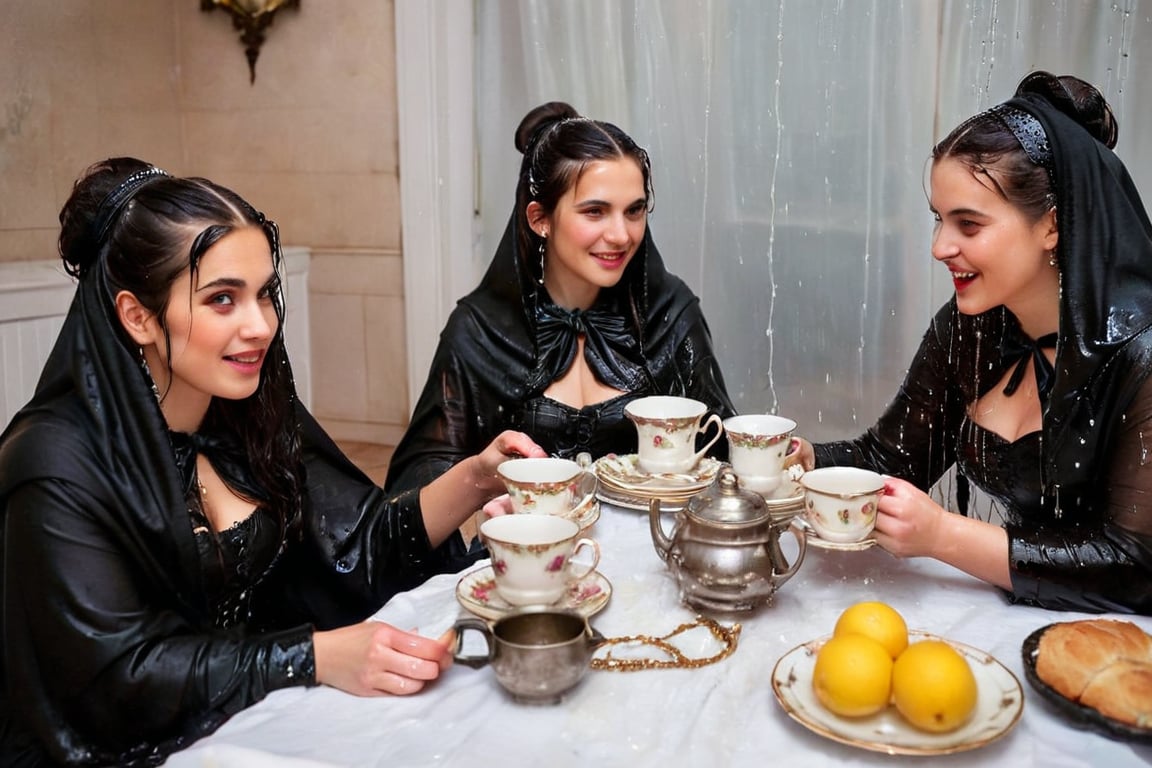 Captured in a single take with a real 50mm lens, this stunning photo showcases four women gathered for an indoor tea party amidst a torrential downpour. Donning gothic peasant dresses and winter shawls, they sit amidst the chaos, their faces aglow as they engage in conversation over steaming cups and saucers. Water-drenched hair clings to their skin as oil glistens on wet clothes, while phones lay scattered around them, forgotten in the midst of laughter and connection. Each woman's face is a masterpiece, with beautiful detailed eyes, lips, and features that seem almost three-dimensional. Long eyelashes frame their gaze, which shines softly against the serene expression, like a work of art come to life. Every fold of their clothing, every glint of jewelry, and every detail of the background seems meticulously crafted, as if plucked from a painter's canvas. (((wet clothes, wet hair, wet skin, wet, soaked, clothes cling to skin:1.2)),soakingwetclothes