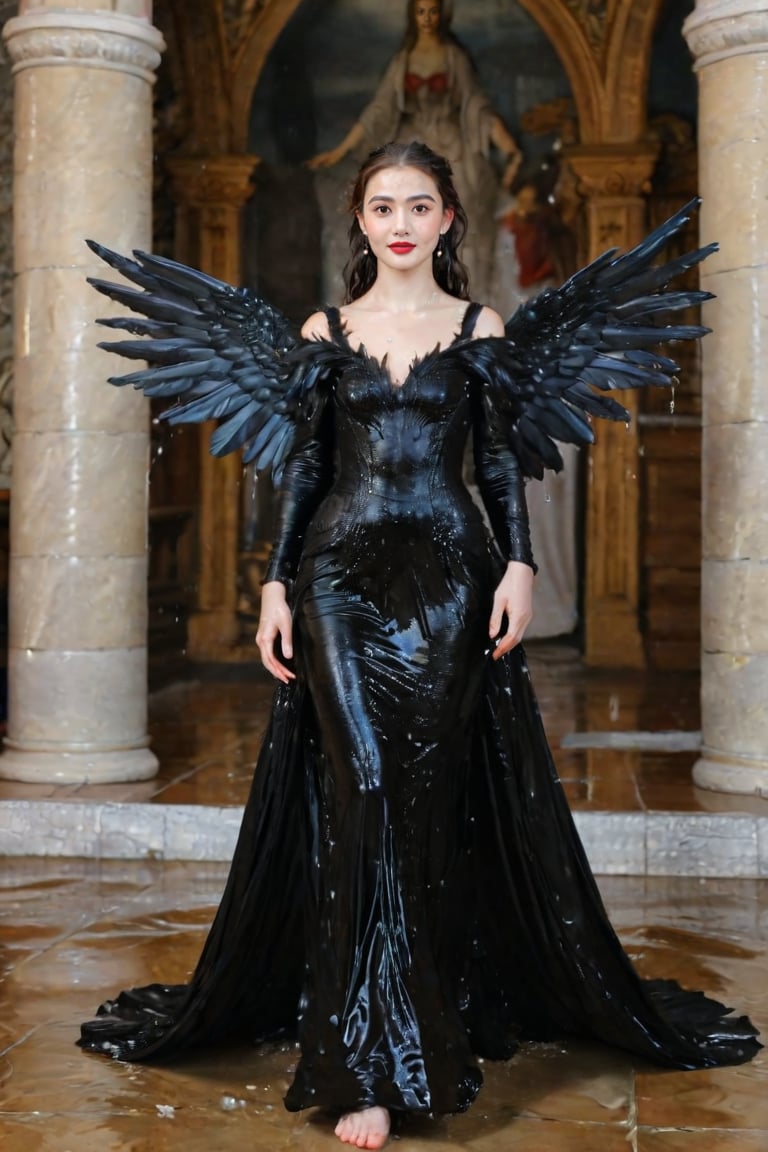 A girl wearing a long black wedding dress, church, baroque style, detailed feathers, huge wings, full body, big scene, super realistic,soakingwetclothes, wet clothes, wet hair, wet skin, wet, soaked , wet face.face focused