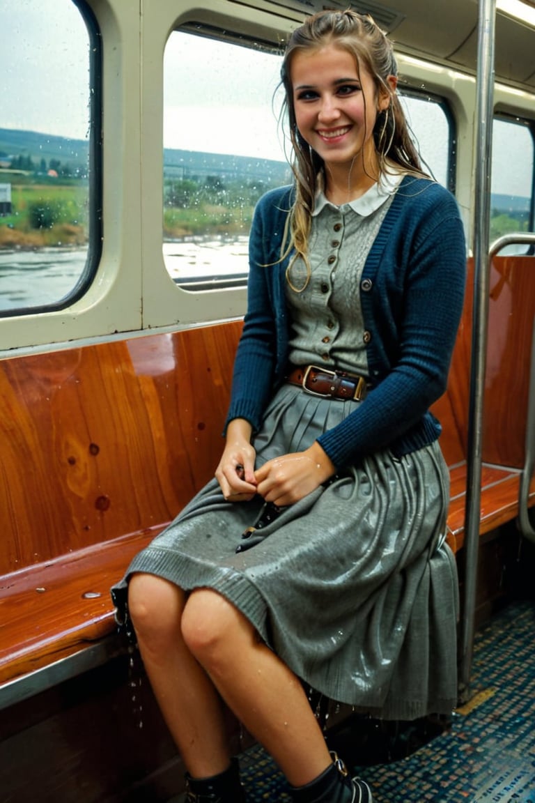 A emo girl, sitting in the train with spred legs and a window behind her, rushhour public, completly soaked wet, wool wool cardigan, belt, longskirt,, wet hair, smile, soakingwetclothes, wet clothes, wet, soaked