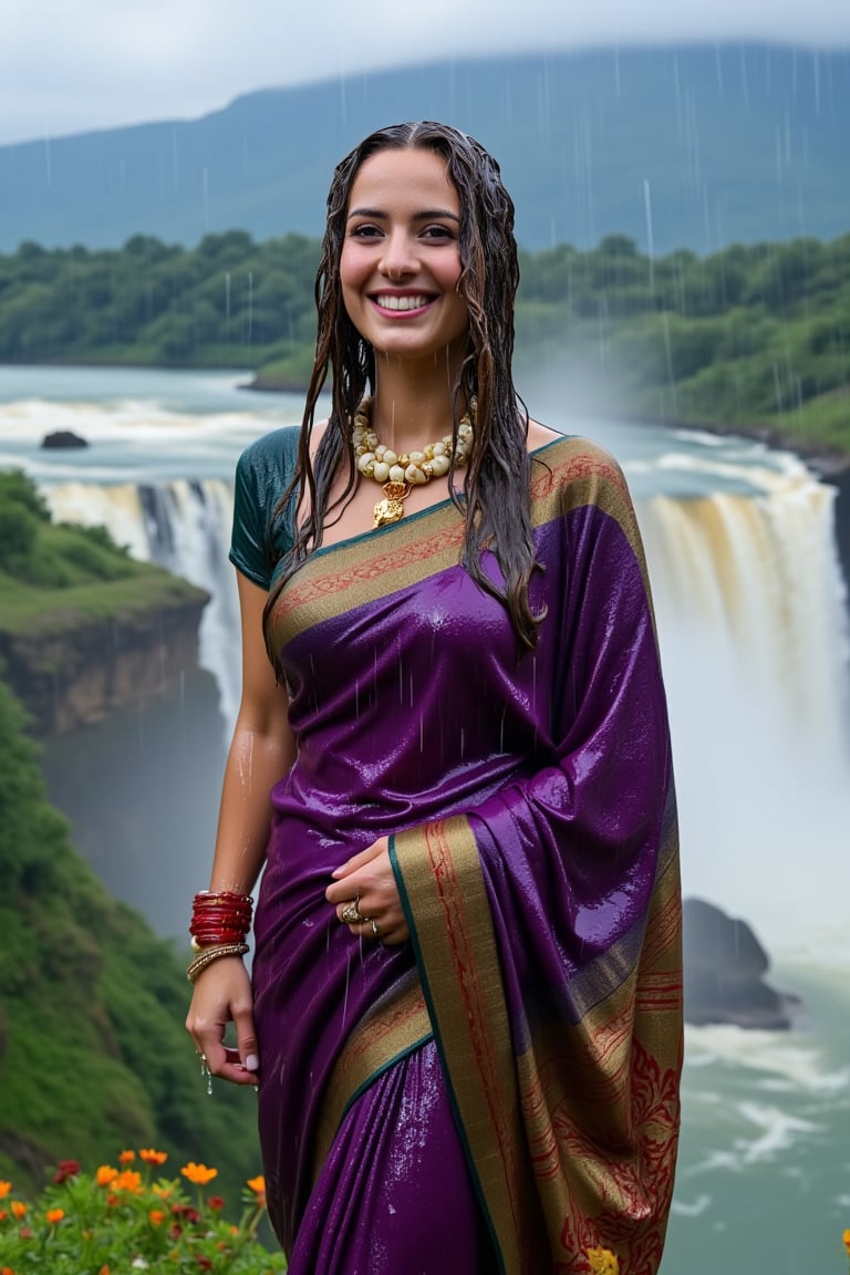 (wet clothes, wet hair, wet face, wet skin, slimed cloth, :1.4)

A smiling Norwegian woman is wearing a traditional Kanjivaram silk saree, completely drenched by the rain, as she stands at the edge of a majestic cliff, overlooking a roaring waterfall. The saree is a deep violet with an ornate gold border featuring lotus motifs. She has draped the saree over her left shoulder and wrapped it tightly around her right shoulder, holding it firmly as the wind sweeps through. Her accessories include red glass bangles, a gold ring, and a jasmine garland necklace, with her long, wet black hair adorned with jasmine flowers, blowing gently in the breeze. Behind her, the powerful waterfall cascades down into a misty valley, surrounded by lush greenery and towering mountains. Rain pours down continuously, soaking both her and the landscape, with the wet saree clinging to her form and accentuating its rich, intricate designs. The dramatic lighting enhances the natural beauty of the scene, while the roar of the waterfall and the misty air create a sense of awe and serenity..

. 

 Close-up shot, 4K, RAW, masterpiece, soakingwetclothes, wetlook, high definition, luxury wet fashion photography, professional news studio atmosphere.,Fetishwet,Enhanced all,Wetfetish