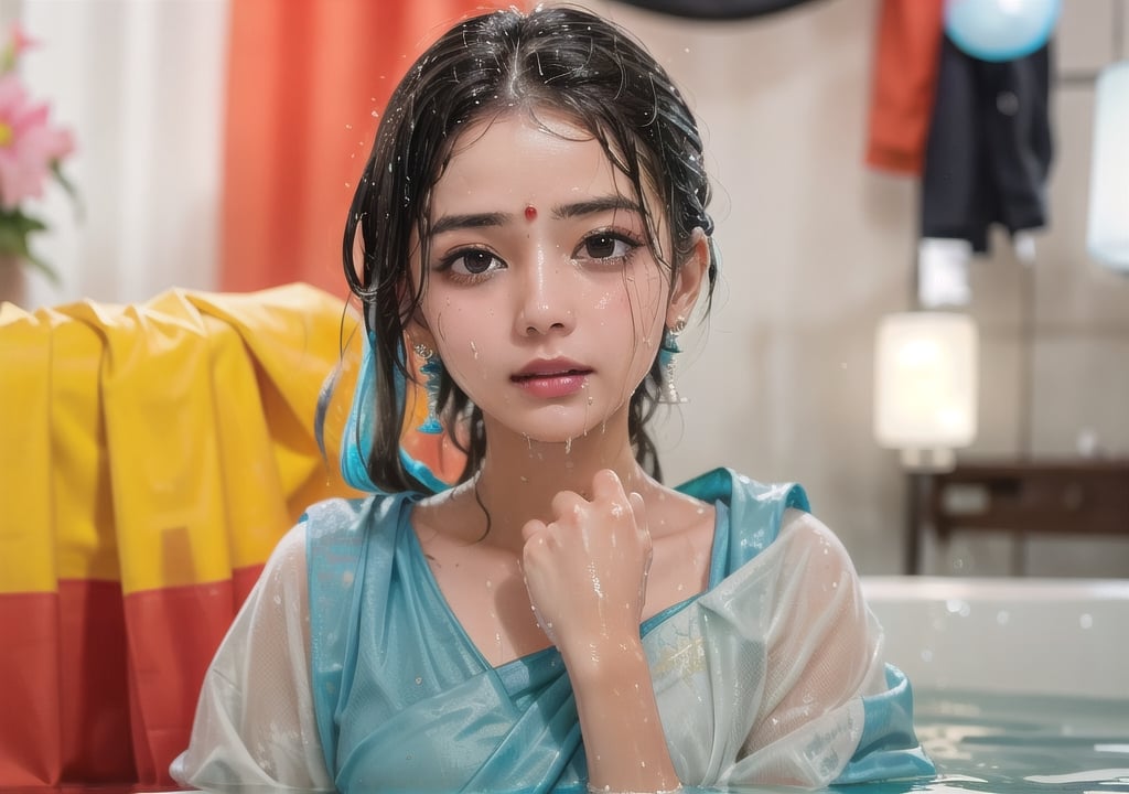 wet hair,SoakingWetClothes,  ((wet clothes, wet hair, bathing in water, face focused, skin pores, saree, wet saree, blouse))

,wet hair,SoakingWetClothes,Detailedface