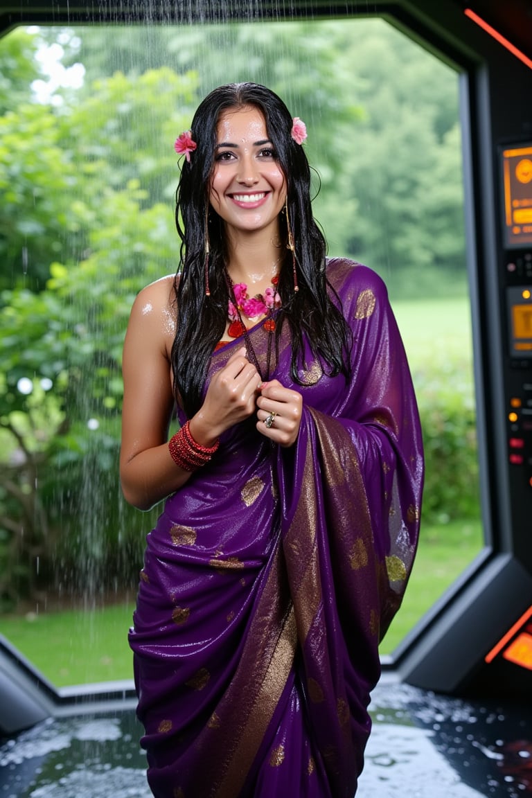 (wet clothes, wet hair, wet face, wet skin, slimed cloth, :1.4)

A smiling Norwegian woman is wearing a traditional Kanjivaram silk saree, now completely drenched by the rain. The saree is a deep violet with an ornate gold border depicting lotus motifs, and it clings to her form as she stands confidently. She has draped the saree over her left shoulder and wrapped it tightly around her right shoulder. Her accessories include red glass bangles, a gold ring, and a jasmine garland necklace. Her long, wavy black hair, wet and adorned with jasmine flowers, adds to the surreal atmosphere. The background blends a lush green garden with trees and soft natural light with the deck of a futuristic spaceship, surrounded by advanced control panels and holographic displays. Rain pours from an open hatch above, soaking her and the intricate fabric. The wet silk saree clings to her body, accentuating its fine texture, while the serene natural setting contrasts with the sleek high-tech spacecraft. Rainwater drips onto the polished floor, highlighting the harmony between tradition and modernity in this vivid, surreal scene.

. 

 Close-up shot, 4K, RAW, masterpiece, soakingwetclothes, wetlook, high definition, luxury wet fashion photography, professional news studio atmosphere.,Fetishwet,Enhanced all,Wetfetish