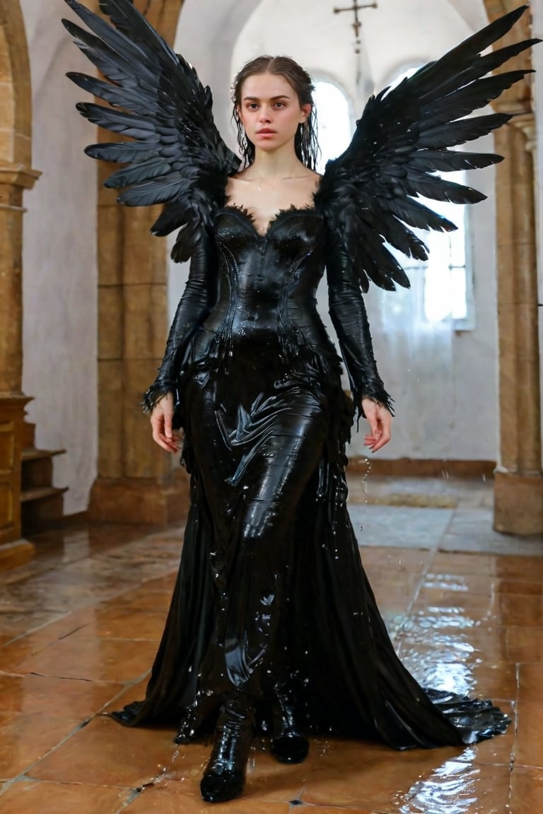 A girl wearing a long black wedding dress, church, baroque style, detailed feathers, huge wings, full body, big scene, super realistic, boots , soakingwetclothes, wet clothes, wet hair, wet skin, wet, soaked , wet face.face focused