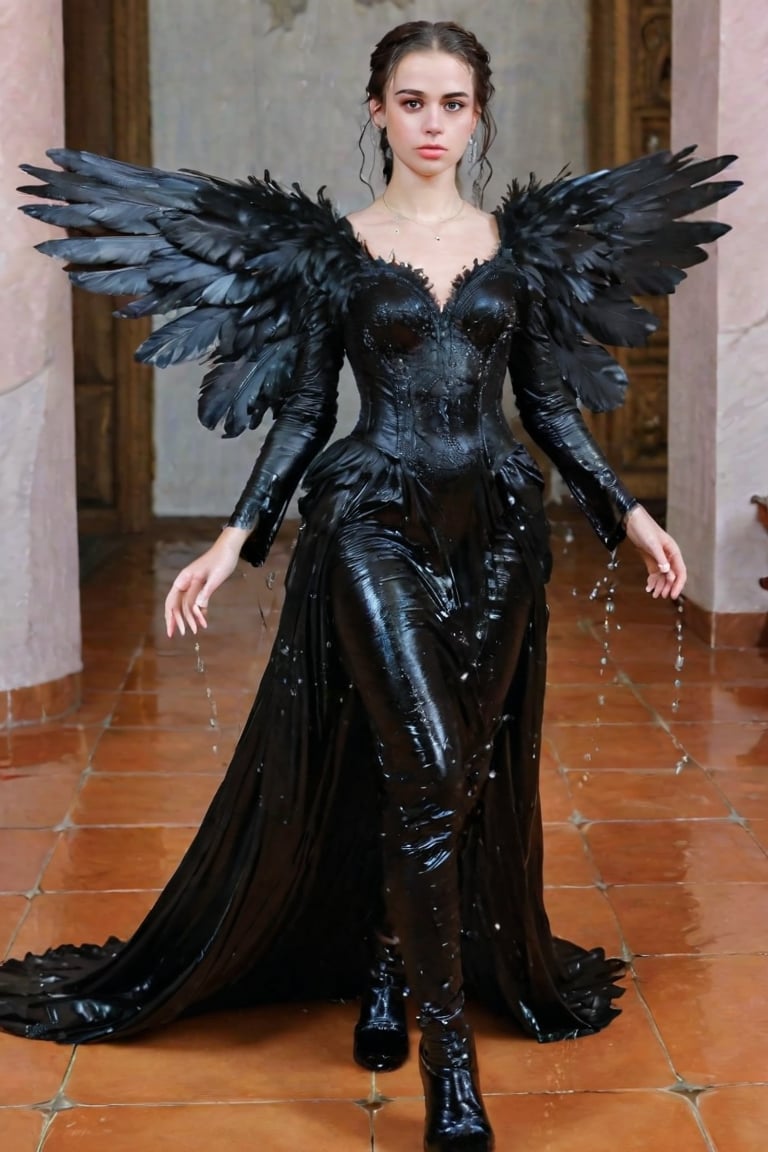 A girl wearing a long black wedding dress, church, baroque style, detailed feathers, huge wings, full body, big scene, super realistic, boots , soakingwetclothes, wet clothes, wet hair, wet skin, wet, soaked , wet face.face focused