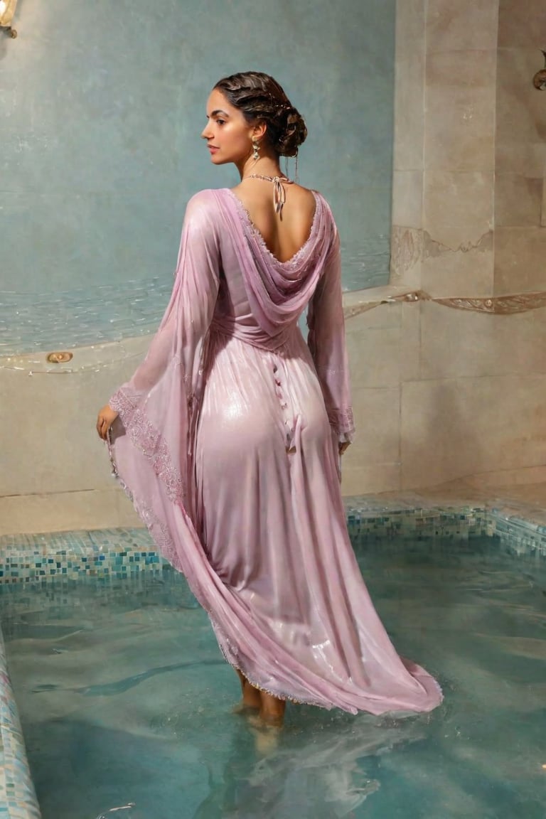 high quality, 8K Ultra HD, hyper-realistic woman, beautiful face,  flying kiss,wet full sleeve ballgown shawl, wet royal cloak,her body bathed in a soft, diffused glow that accentuates the delicate nuances of her expression. The artist captures every subtle contour of her face, the intricacies of her gaze, and the cascading strands of her hair, highly detailed, photorealistic, head to toe, background, traveling the world, full body visible, back view , side view, real-life , naturally, sweating, sweat_drops, swimming pool , wet clothes, wet clothes, wet skin, wet hair, ,soakingwetclothes,victorian dress,Pakistani dress