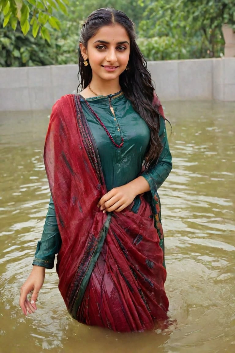 Beautiful women, face focused, a vibrant and sunny day in a city. A 19-year-old girl named Meera at the mall . She is wearing a traditional wet saree , Her long, dark, wet hair is adorned , and she has a gentle smile on her face, exuding confidence and grace., high quality, 8K Ultra HD, hyper-realistic, 

 wet clothes, wet clothes, wet skin, wet hair, ,soakingwetclothes,victorian dress,Pakistani dress,indian