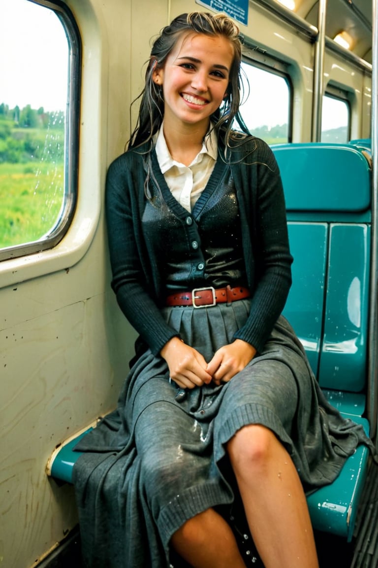 A emo girl, sitting in the train with spred legs and a window behind her, rushhour public, completly soaked wet, wool wool cardigan, belt, longskirt,, wet hair, smile, soakingwetclothes, wet clothes, wet, soaked