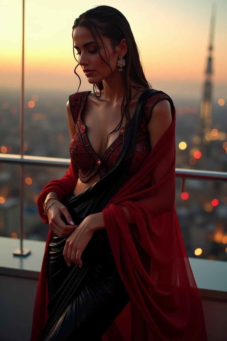 (Wet clothes, wet hair, wet skin:1.2) A sophisticated young woman with an elegant style, attending a high-end rooftop soirée. She is wearing a sleek black traditional saree with red embroidery, long sleeve embroidery blouse and, red shawl, stiletto heels, and diamond earrings.
The setting is a luxurious rooftop with a panoramic city view, sparkling lights in the background. The camera uses a close-up shot with a 70mm lens, highlighting the elegance of her attire and the shimmering skyline. The lighting is soft and golden, with the warm glow of the sunset reflecting off
her dress. The image is in 6K resolution, capturing the refined details of her outfit and the glamour of the evening event, ek_ph0t0_b00ster
,
,,Realistic.,, ,soakingwetclothes, wet clothes, wet hair, wet,,3/4 body image ,wet cloths cling to body,Wet,covered in oil,covered in mud,wam,wetlook, Fetishwet