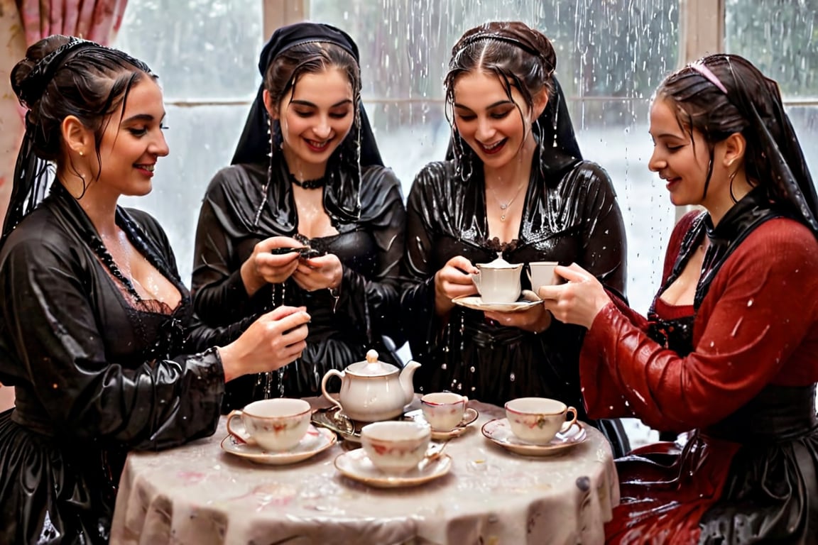 Captured in a single take with a real 50mm lens, this stunning photo showcases four women gathered for an indoor tea party amidst a torrential downpour. Donning gothic peasant dresses and winter shawls, they sit amidst the chaos, their faces aglow as they engage in conversation over steaming cups and saucers. Water-drenched hair clings to their skin as oil glistens on wet clothes, while phones lay scattered around them, forgotten in the midst of laughter and connection. Each woman's face is a masterpiece, with beautiful detailed eyes, lips, and features that seem almost three-dimensional. Long eyelashes frame their gaze, which shines softly against the serene expression, like a work of art come to life. Every fold of their clothing, every glint of jewelry, and every detail of the background seems meticulously crafted, as if plucked from a painter's canvas. (((wet clothes, wet hair, wet skin, wet, soaked, clothes cling to skin:1.2)),soakingwetclothes