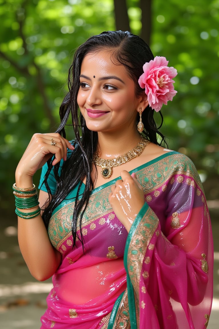 (wet clothes, wet hair, wet face, wet skin, slimed cloth, :1.4)

A soking wet woman smiling while wearing a wet traditional Indian saree. The wet saree is a rich pink color with a teal green border featuring peacock motifs in gold. The wet woman is accessorized with green glass bangles, a gold ring, and a floral necklace. She has long, wavy wet black hair adorned with wet pink flowers on the side. The background is a lush, green outdoor setting with trees and soft natural lighting, creating a serene and vibrant atmosphere.

. 

 Close-up shot, 4K, RAW, masterpiece, soakingwetclothes, wetlook, high definition, luxury wet fashion photography, professional news studio atmosphere.,Fetishwet,Enhanced all,Wetfetish