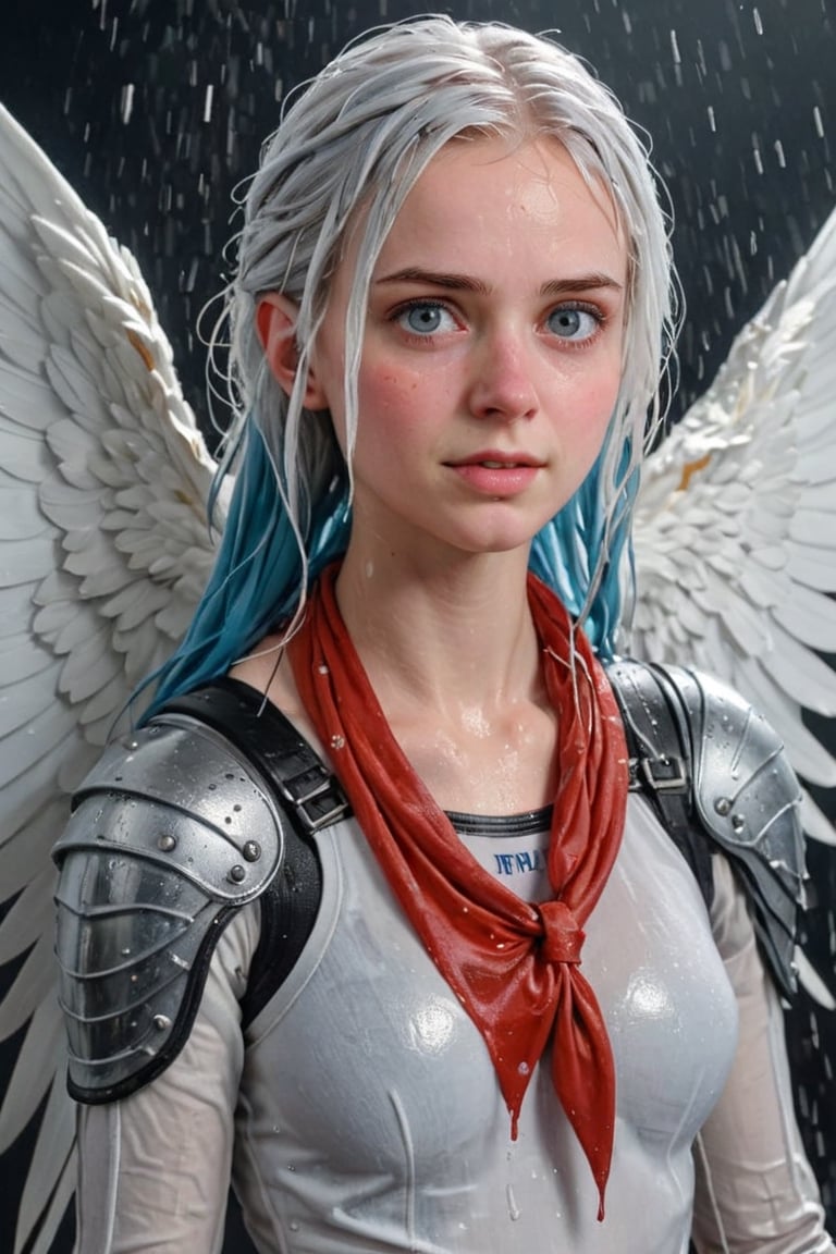 Heavy raining, An concept art of a ethereal wet gothic irish,, 50 mm lens ,,4k,ultra detailed, best quality, masterpiece, 18yo 1girl, ((Full body armor,complex multi-layered cotton armor, cotton scale armor, many complex cotton armor elements, ultra light tight armor, no helmet, insane detail full leg armor)) ((( huge long wings ,1black other is white:1.5)))blue hair,diagonal bangs,french braid,hime_cut,long hair,red neckerchief,canine teeth

 (Beautiful and detailed eyes),
Detailed face, detailed eyes, double eyelids, real hands, ((short hair with long locks:1.2)), ,meteor shower black background,
,,Realistic.,, ,soakingwetclothes, wet clothes, wet hair, wet,,3/4 body image ,wet cloths cling to body