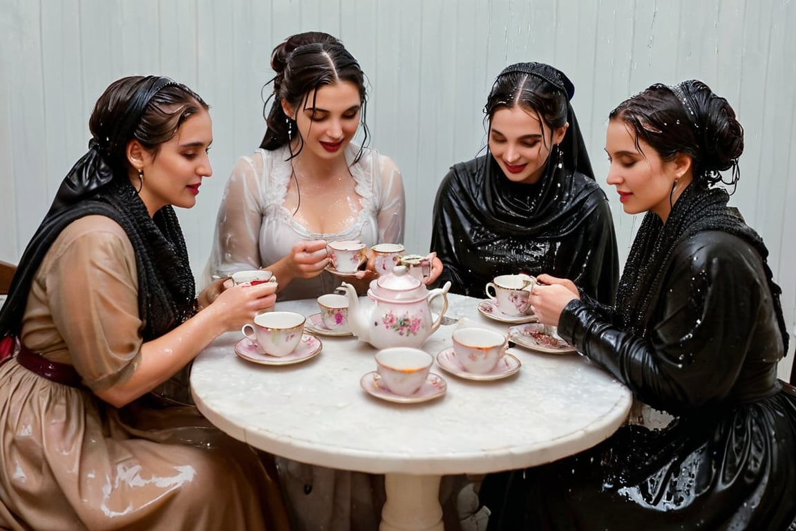 Captured in a single take with a real 50mm lens, this stunning photo showcases four women gathered for an indoor tea party amidst a torrential downpour. Donning gothic peasant dresses and winter shawls, they sit amidst the chaos, their faces aglow as they engage in conversation over steaming cups and saucers. Water-drenched hair clings to their skin as oil glistens on wet clothes, while phones lay scattered around them, forgotten in the midst of laughter and connection. Each woman's face is a masterpiece, with beautiful detailed eyes, lips, and features that seem almost three-dimensional. Long eyelashes frame their gaze, which shines softly against the serene expression, like a work of art come to life. Every fold of their clothing, every glint of jewelry, and every detail of the background seems meticulously crafted, as if plucked from a painter's canvas. (((wet clothes, wet hair, wet skin, wet, soaked, clothes cling to skin:1.2)),soakingwetclothes