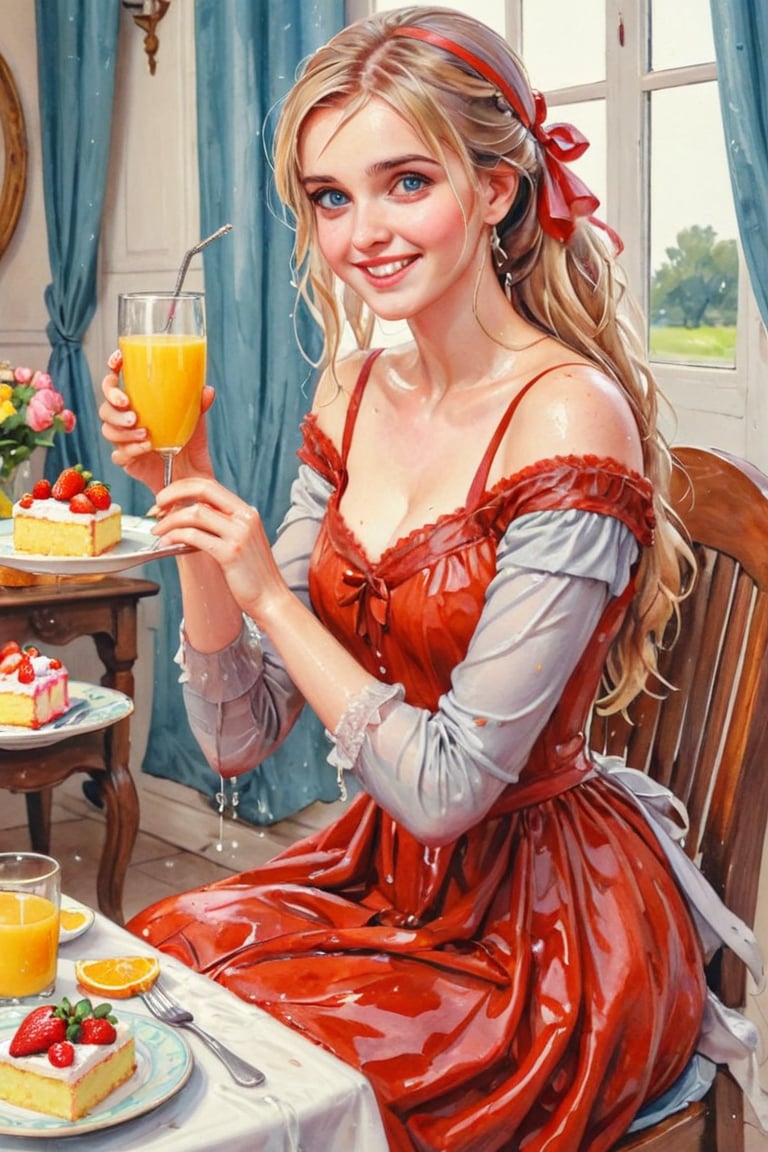 masterpiece, top quality, aesthetic, (watercolor style: 1.7), 1 woman, solo, long hair, looking at viewer, smiling, happy, open mouth, bangs, blue eyes, blonde hair, dress, long sleeves, off-shoulder dress, ribbon, holding, sitting, hair ribbon, , ponytail, :d, heart, frill, food, glass, straw, red ribbon, neck ribbon, fruit, chair, table, holding food, plate, orange juice, cake, strawberry, fork, holding fork,watercolor \(medium\),   wet hair, (), ((wet clothes, victorian ballgown, ,((heavy rain, beautiful faces, soakingwetclothes, wet clothes, wet hair, wet skin, clothes cling to skin, drapped with wet shawl:1.3)),soakingwetclothes,, wet skin, wet face, wet robe,, face focused , soakingwetclothes,art_booster,indian,OnlySaree_Style,,hoopdress,Pakistani dress,saree,saree influencer,saree model
