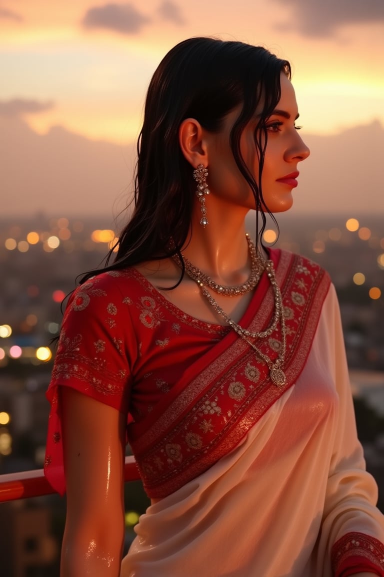 (Wet clothes, wet hair, wet skin:1.2) A sophisticated young woman with an elegant style, attending a high-end rooftop soirée. She is wearing a sleek white traditional saree with red embroidery, long sleeve embroidery blouse and, red shawl, stiletto heels, and diamond earrings.
The setting is a luxurious rooftop with a panoramic city view, sparkling lights in the background. The camera uses a close-up shot with a 70mm lens, highlighting the elegance of her attire and the shimmering skyline. The lighting is soft and golden, with the warm glow of the sunset reflecting off
her dress. The image is in 6K resolution, capturing the refined details of her outfit and the glamour of the evening event, ek_ph0t0_b00ster
,
,,Realistic.,, ,soakingwetclothes, wet clothes, wet hair, wet,,3/4 body image ,wet cloths cling to body,Wet,covered in oil,covered in mud,wam,wetlook, Fetishwet