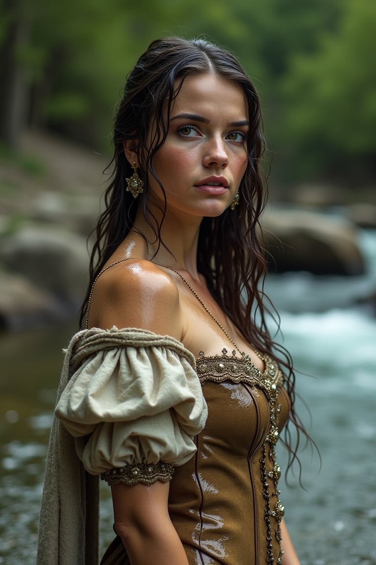 A photo of a 38-year-old medieval Russian princess soaking wet in a river. She has a sensual look on her face while shampooing her hair. She is wearing a princess ballgown with puffed sleeves, covered with a wet royal shawl. The background reveals lush greenery and a rocky terrain. Her body is soaking wet. Her clothes are soaking wet. 