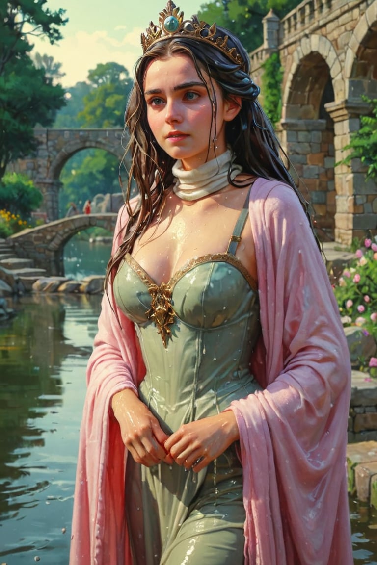 feforrest, otoko no ko, beret, pink capelet,(Analog style),turtleneck, masterpiece, best quality, ((wet robe)), choker,(corset), stone bridge, lake,crown, white ((wet ornate ballgown)), windswept amazing wet long hair,4k,( bokeh),absurdres, professional majestic oil painting by Ed Blinkey, Atey Ghailan, Studio Ghibli, by Jeremy Mann, Greg Manchess, Antonio Moro, trending on ArtStation, trending on CGSociety, trending on deviantart, Intricate, High Detail, Sharp focus, dramatic, photorealistic painting art , Greg Rutkowski,(concept art from tangled),((beautiful faces, soakingwetclothes, wet clothes, wet hair, wet skin, :1.3)),soakingwetclothes,, wet skin, wet face, wet robe,, face focused
,soakingwetclothes,art_booster,indian,OnlySaree_Style,saree,saree influencer