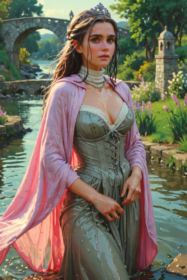 feforrest, otoko no ko, beret, pink capelet,(Analog style),turtleneck, masterpiece, best quality, ((wet robe)), choker,(corset), stone bridge, lake,crown, white ((wet ornate ballgown)), windswept amazing wet long hair,4k,( bokeh),absurdres, professional majestic oil painting by Ed Blinkey, Atey Ghailan, Studio Ghibli, by Jeremy Mann, Greg Manchess, Antonio Moro, trending on ArtStation, trending on CGSociety, trending on deviantart, Intricate, High Detail, Sharp focus, dramatic, photorealistic painting art , Greg Rutkowski,(concept art from tangled),((beautiful faces, soakingwetclothes, wet clothes, wet hair, wet skin, :1.3)),soakingwetclothes,, wet skin, wet face, wet robe,, face focused
,soakingwetclothes,art_booster,indian,OnlySaree_Style,saree,saree influencer