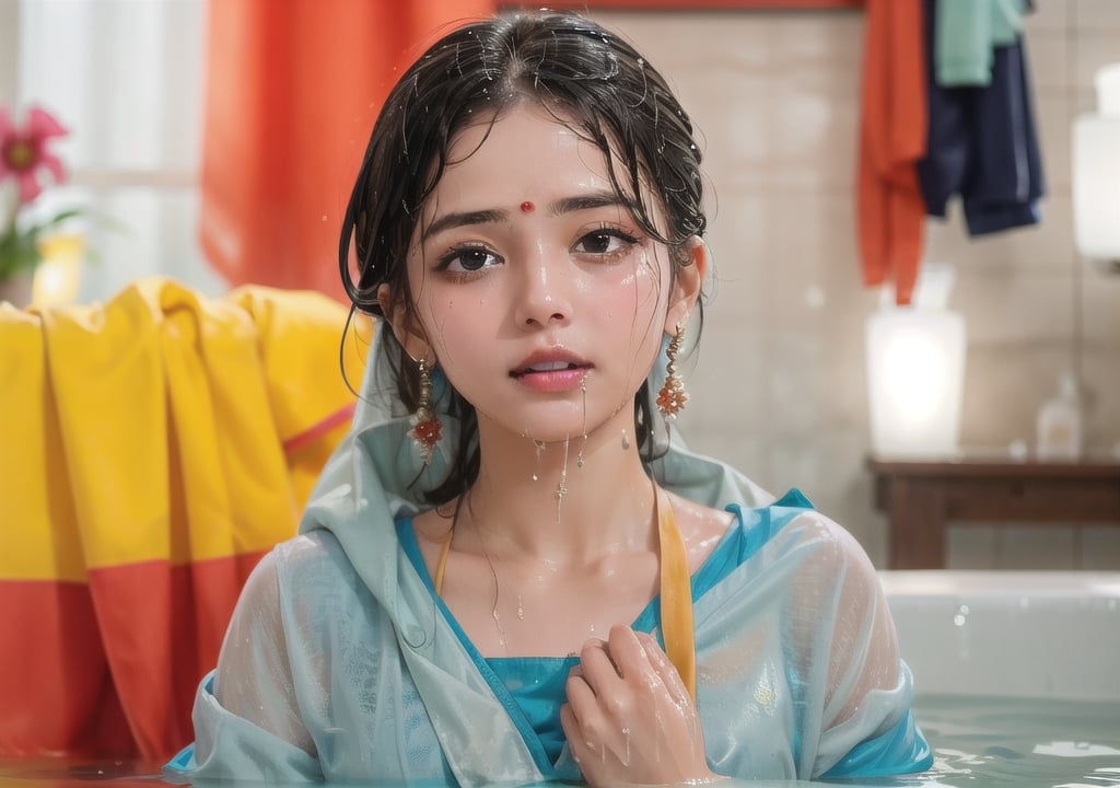 wet hair,SoakingWetClothes,  ((wet clothes, wet hair, bathing in water, face focused, skin pores, saree, wet saree, blouse))

,wet hair,SoakingWetClothes,Detailedface