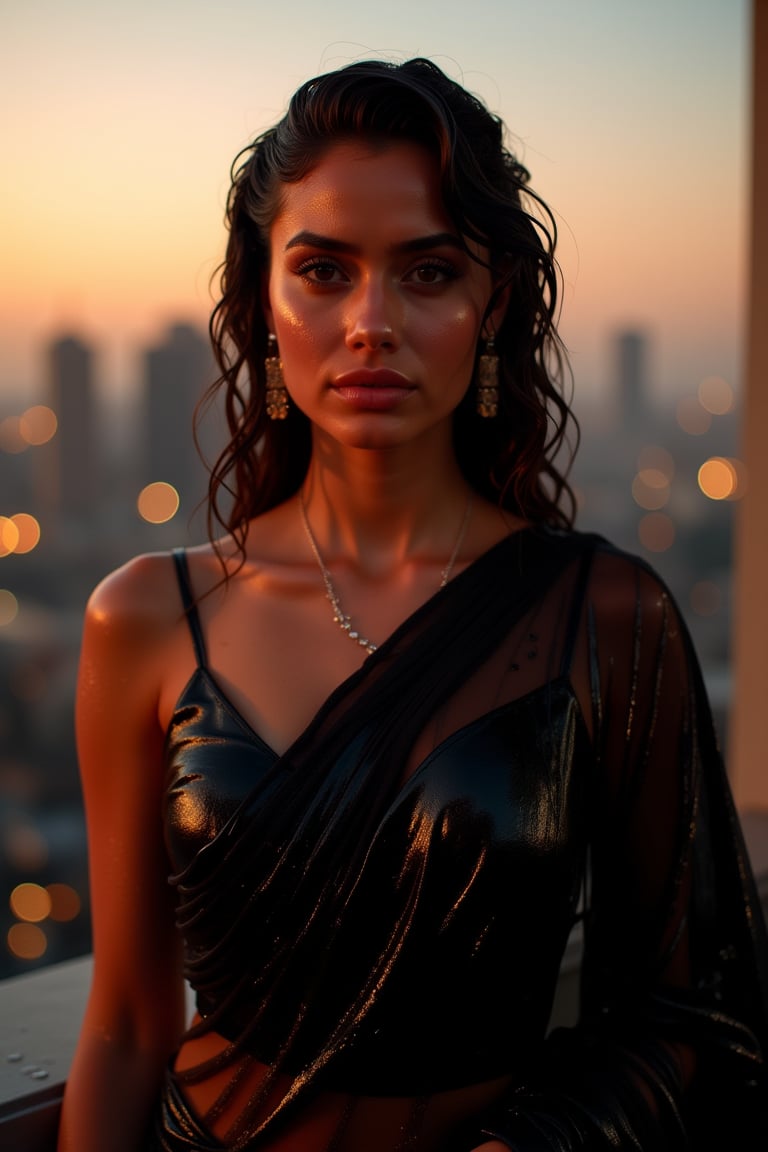 (Wet clothes, wet hair, wet skin:1.2) A sophisticated young woman with an elegant style, attending a high-end rooftop soirée. She is wearing a sleek black traditional saree, full sleeve blouse and, shawl, stiletto heels, and diamond earrings.
The setting is a luxurious rooftop with a panoramic city view, sparkling lights in the background. The camera uses a close-up shot with a 70mm lens, highlighting the elegance of her attire and the shimmering skyline. The lighting is soft and golden, with the warm glow of the sunset reflecting off
her dress. The image is in 6K resolution, capturing the refined details of her outfit and the glamour of the evening event, ek_ph0t0_b00ster
,
,,Realistic.,, ,soakingwetclothes, wet clothes, wet hair, wet,,3/4 body image ,wet cloths cling to body,Wet,covered in oil,covered in mud,wam,wetlook, Fetishwet