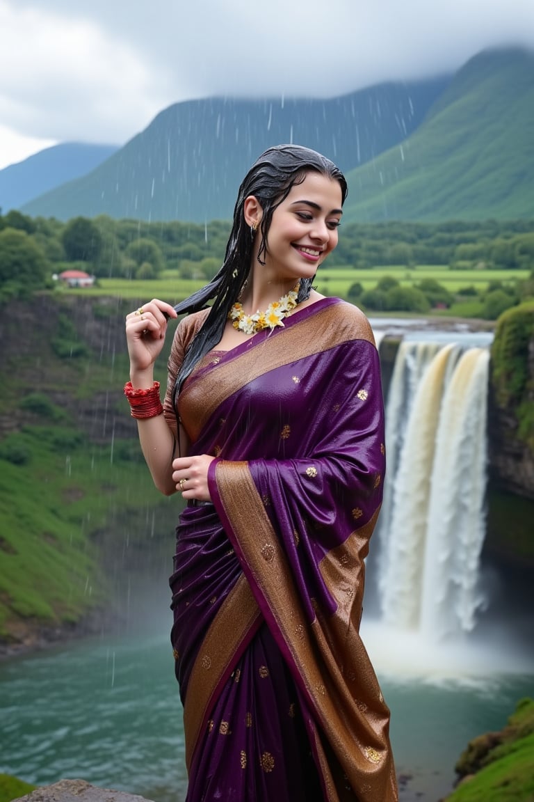 (wet clothes, wet hair, wet face, wet skin, slimed cloth, :1.4)

A smiling Norwegian woman is wearing a traditional Kanjivaram silk saree, completely drenched by the rain, as she stands at the edge of a majestic cliff, overlooking a roaring waterfall. The saree is a deep violet with an ornate gold border featuring lotus motifs. She has draped the saree over her left shoulder and wrapped it tightly around her right shoulder, holding it firmly as the wind sweeps through. Her accessories include red glass bangles, a gold ring, and a jasmine garland necklace, with her long, wet black hair adorned with jasmine flowers, blowing gently in the breeze. Behind her, the powerful waterfall cascades down into a misty valley, surrounded by lush greenery and towering mountains. Rain pours down continuously, soaking both her and the landscape, with the wet saree clinging to her form and accentuating its rich, intricate designs. The dramatic lighting enhances the natural beauty of the scene, while the roar of the waterfall and the misty air create a sense of awe and serenity..

. 

 Close-up shot, 4K, RAW, masterpiece, soakingwetclothes, wetlook, high definition, luxury wet fashion photography, professional news studio atmosphere.,Fetishwet,Enhanced all,Wetfetish