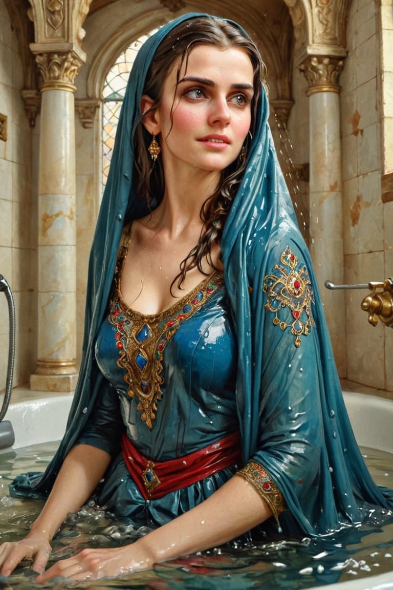 masterpiece, best quality, ultra high resolution, visually stunning, beautiful, award-winning art (abstract art: 1.3), beautiful )))A FULL-LENGTH very detalied full leghn , A anime a very beutifful female medieval warhammer style noble smile,, Watercolor, trending on artstation, sharp focus, Indoor photo, white tiles background, intricate details, highly detailed, by greg rutkowski ,more detail XL, shawl,   wet hair, (bathing in royal bathroom), ((wet clothes, victorian ballgown, ,((heavy rain, beautiful faces, soakingwetclothes, wet clothes, wet hair, wet skin, clothes cling to skin, submerged in tub:1.3)),soakingwetclothes,, wet skin, wet face, wet robe,, face focused , soakingwetclothes,art_booster,indian,OnlySaree_Style,,hoopdress,Pakistani dress,saree,saree influencer,saree model