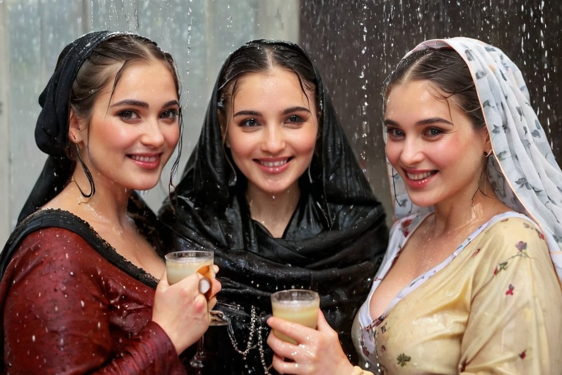 real 50 mm photo, Torrential rain, modern sitcom, indoor hall, photographs, Four women in gothic peasant dresses covered by winter shawls in a tea party are holding drinks and smiling in the rain conversation , covered in water drenched, water oil cascading clothes hair and skin, phones, face focused, beautiful detailed eyes, beautiful detailed lips, extremely detailed face and features, long eyelashes, soft glowing skin, serene expression, detailed clothing folds, detailed jewelry, detailed background, (best quality,4k,8k,highres,masterpiece:1.2),ultra-detailed,(realistic,photorealistic,photo-realistic),vibrant colors,dramatic lighting,award winning digital art, , (((wet clothes, wet hair, wet skin, wet, soaked, clothes cling to skin:1.2)),soakingwetclothes