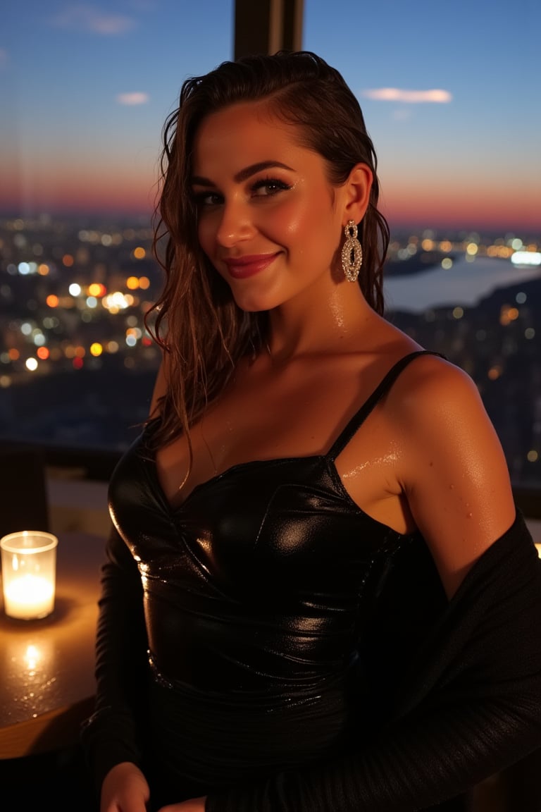 A sophisticated young woman with an elegant style, attending a high-end rooftop soirée. She is wearing a sleek black cocktail dress, shawl, stiletto heels, and diamond earrings.
The setting is a luxurious rooftop with a panoramic city view, sparkling lights in the background. The camera uses a close-up shot with a 70mm lens, highlighting the elegance of her attire and the shimmering skyline. The lighting is soft and golden, with the warm glow of the sunset reflecting off
her dress. The image is in 6K resolution, capturing the refined details of her outfit and the glamour of the evening event, ek_ph0t0_b00ster
,
,,Realistic.,, ,soakingwetclothes, wet clothes, wet hair, wet,,3/4 body image ,wet cloths cling to body,Wet,covered in oil,covered in mud,wam,wetlook, Fetishwet