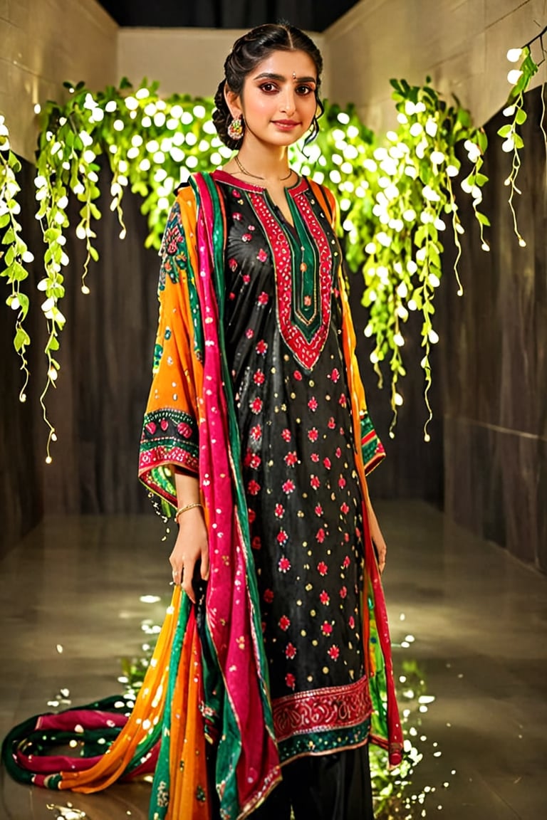 (best quality,8K,highres,masterpiece,raw image), ultra-detailed, featuring a beautiful young wet woman adorned in a realistic detailed wet designer  pakistani dress that emits a soft, ethereal light. Her flowy black chignon wet hair appears to be infused with the same radiant wet glow. eye contact,kind wet smile, lipgloss, The well lit backdrop consists of glowing grapes, colorful,colorful,soakingwetclothes,Pakistani dress