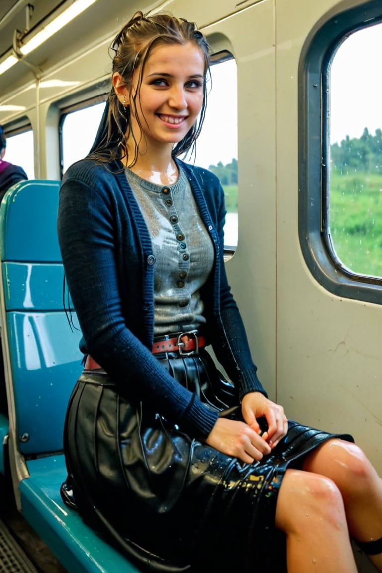 A emo girl, beautiful face, wet face, sitting in the train with spred legs and a window behind her, rushhour public, completly soaked wet, wool wool cardigan, belt, wet longskirt, wet full length skirt, wet hair, smile, wet skin, soakingwetclothes, wet clothes, wet, soaked