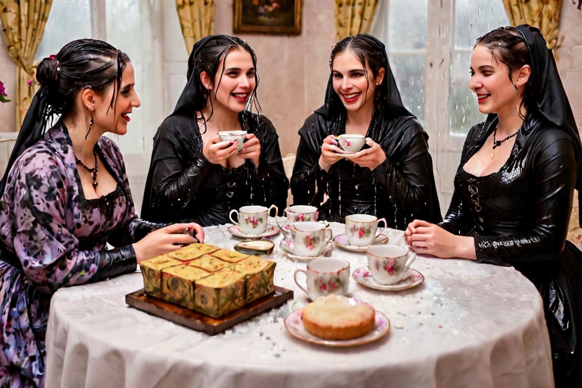 Captured in a single take with a real 50mm lens, this stunning photo showcases four women gathered for an indoor tea party amidst a torrential downpour. Donning gothic peasant dresses and winter shawls, they sit amidst the chaos, their faces aglow as they engage in conversation over steaming cups and saucers. Water-drenched hair clings to their skin as oil glistens on wet clothes, while phones lay scattered around them, forgotten in the midst of laughter and connection. Each woman's face is a masterpiece, with beautiful detailed eyes, lips, and features that seem almost three-dimensional. Long eyelashes frame their gaze, which shines softly against the serene expression, like a work of art come to life. Every fold of their clothing, every glint of jewelry, and every detail of the background seems meticulously crafted, as if plucked from a painter's canvas. (((wet clothes, wet hair, wet skin, wet, soaked, clothes cling to skin:1.2)),soakingwetclothes