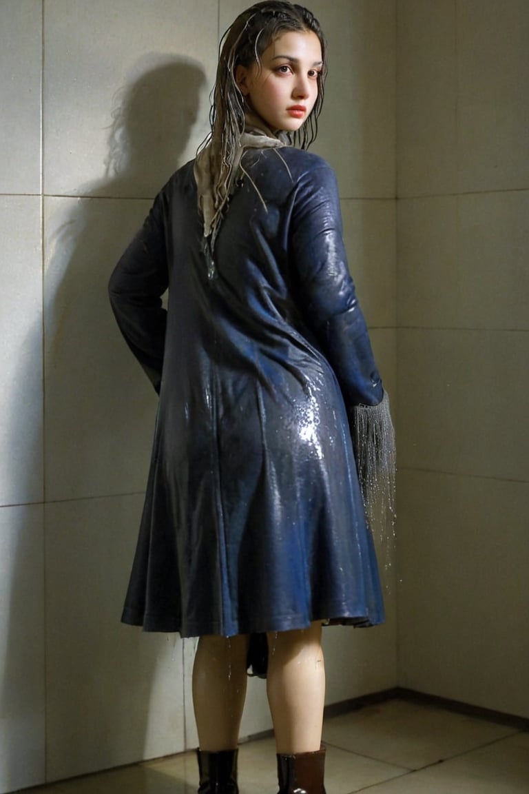 xxmixgirl, 1 woman, detailed face, detailed indoor background, standing in the room, completely wet, wet hair, dramatic lighting by Bill Sienkiewicz, 1940s tight fitting winter longskirt, wool pantyhose, furcoat, boots, wet clothes, heavy rain,tiedbreastsblue, wet clothes, wet hair, wet , ,Pakistani dress