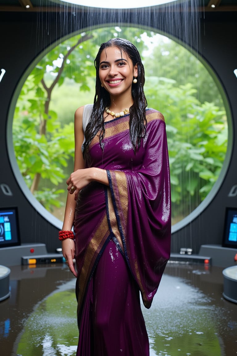 (wet clothes, wet hair, wet face, wet skin, slimed cloth, :1.4)

A smiling Norwegian woman is wearing a traditional Kanjivaram silk saree, now completely drenched by the rain. The saree is a deep violet with an ornate gold border depicting lotus motifs, and it clings to her form as she stands confidently. She has draped the saree over her left shoulder and wrapped it tightly around her right shoulder. Her accessories include red glass bangles, a gold ring, and a jasmine garland necklace. Her long, wavy black hair, wet and adorned with jasmine flowers, adds to the surreal atmosphere. The background blends a lush green garden with trees and soft natural light with the deck of a futuristic spaceship, surrounded by advanced control panels and holographic displays. Rain pours from an open hatch above, soaking her and the intricate fabric. The wet silk saree clings to her body, accentuating its fine texture, while the serene natural setting contrasts with the sleek high-tech spacecraft. Rainwater drips onto the polished floor, highlighting the harmony between tradition and modernity in this vivid, surreal scene.

. 

 Close-up shot, 4K, RAW, masterpiece, soakingwetclothes, wetlook, high definition, luxury wet fashion photography, professional news studio atmosphere.,Fetishwet,Enhanced all,Wetfetish