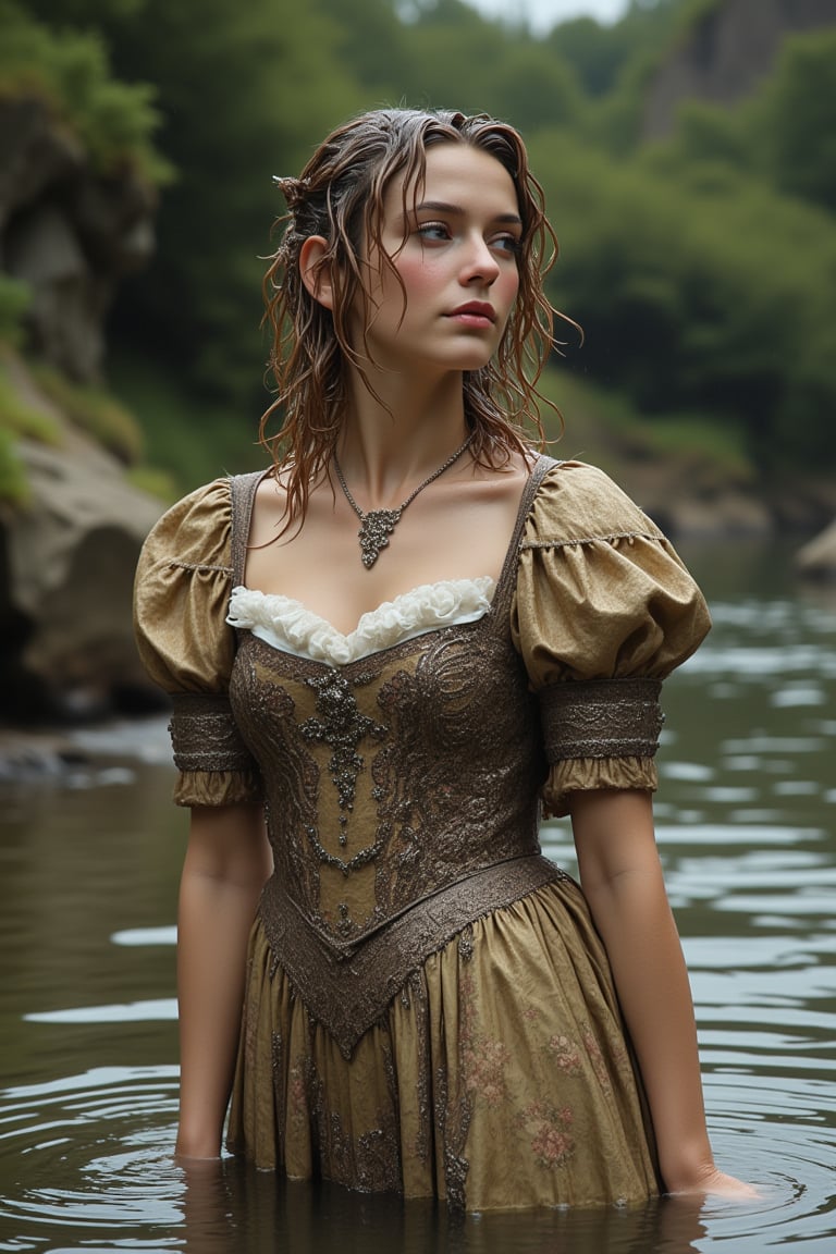 A photo of a 38-year-old medieval Russian princess soaking wet in a river. She has a sensual look on her face while shampooing her hair. She is wearing a princess ballgown with puffed sleeves, covered with a wet royal shawl. The background reveals lush greenery and a rocky terrain. Her body is soaking wet. Her clothes are soaking wet. Her dress is completely wet. Her haor is completely wet,niji style