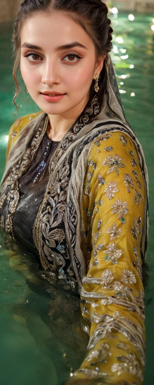 (best quality,8K,highres,masterpiece,raw image), ultra-detailed, featuring a beautiful young wet woman adorned in a realistic detailed wet long embroidery designer  dress shirts shawl that emits a soft, ethereal light. Her flowy black chignon wet hair appears to be infused with the same radiant wet glow. eye contact,kind wet smile, lipgloss, The well lit backdrop consists of glowing grapes, in water, colorful,colorful,soakingwetclothes,Pakistani dress