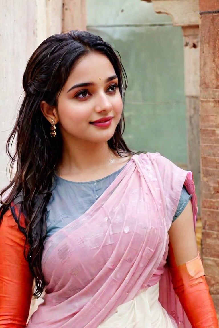 Tamanna bhatia, Beautiful women, face focused, a vibrant and sunny day in a city. A 19-year-old girl at the mall . She is wearing a traditional wet saree , Her long, dark, wet hair is adorned , and she has a gentle smile on her face, exuding confidence and grace., high quality, 8K Ultra HD, hyper-realistic, half body image

 wet clothes, wet clothes, wet skin, wet hair, ,soakingwetclothes,victorian dress,Pakistani dress,indian,saree,saree influencer