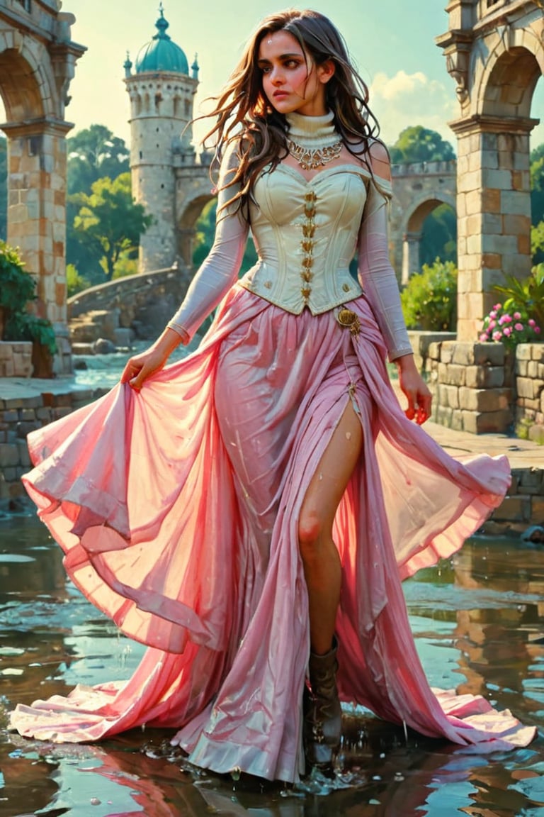 feforrest, otoko no ko, beret, pink capelet,(Analog style),turtleneck, masterpiece, best quality, ((robe)), choker,(corset), stone bridge, lake,crown, white ((ornate ballgown)), windswept amazing long hair,4k,( bokeh),absurdres, professional majestic oil painting by Ed Blinkey, Atey Ghailan, Studio Ghibli, by Jeremy Mann, Greg Manchess, Antonio Moro, trending on ArtStation, trending on CGSociety, trending on deviantart, Intricate, High Detail, Sharp focus, dramatic, photorealistic painting art , Greg Rutkowski,(concept art from tangled),((beautiful faces, soakingwetclothes, wet clothes, wet hair, wet skin, :1.3)),soakingwetclothes,, wet skin, wet face, wet ballgown, boots, wet robe, layered longskirt, face focused
,soakingwetclothes,art_booster,indian,OnlySaree_Style,saree,saree influencer